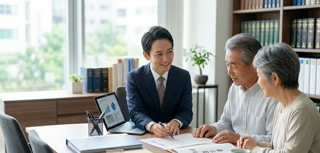 行政書士が依頼人に書類の書き方を指南している画像
